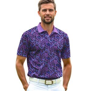 Soulshine Polo Shirt Size Medium Short Sleeve Abstract Print Purple Golf Sporty